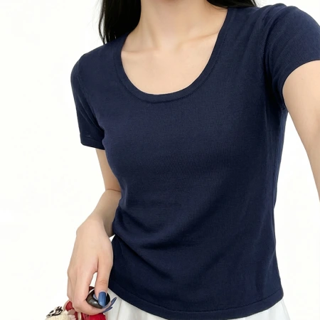 Nude U-neck off-the-shoulder short-sleeved knitted top for women, summer thin, skin-friendly and breathable Lyocell pullover solid color T-shirt Nude U-neck off-the-shoulder short-sleeved knitted top for women, summer thin, skin-friendly and breathable Lyocell pullover solid color T-shirt